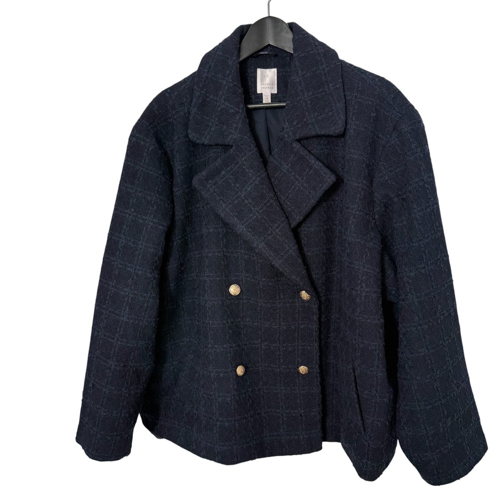 LC Lauren Conrad Double Breasted Navy Blue Plaid Tweed Peacoat
